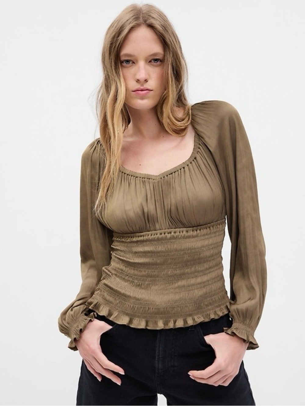 THE GAP Smocked Peasant Blouse - Olive- Large
